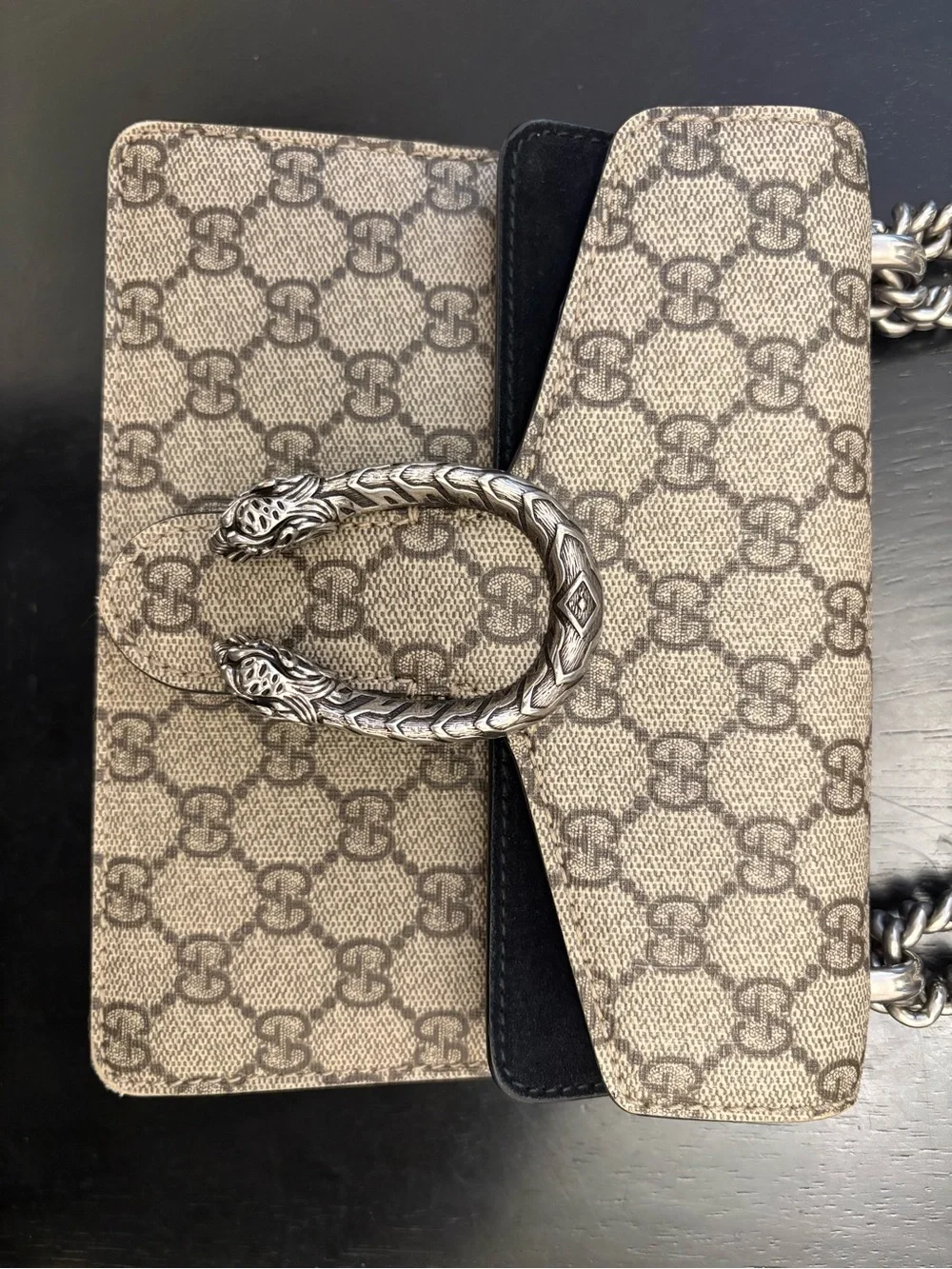 Gucci Dionysus Mini GG Supreme Canvas Shoulder Bag Beige/Ebony Black Suede